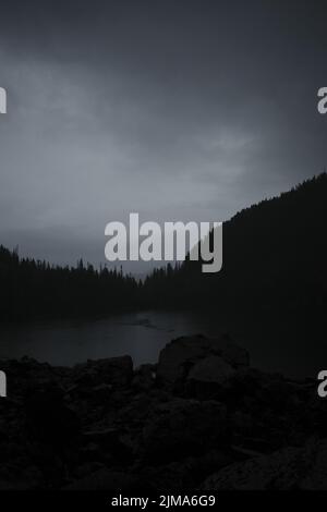 A vertical grayscale shot of mountains with dense forest coverage surrounding a lake - great for backgrounds Stock Photo