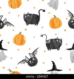 Halloween pattern with cute black bats, cats, ghosts and pumpkins. Vector holiday illustration Stock Vector