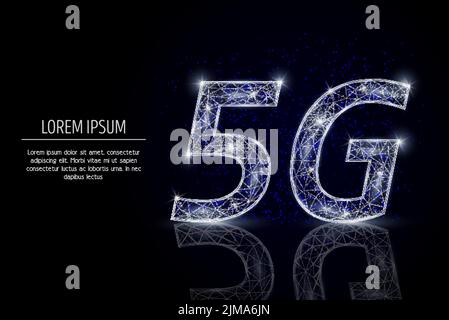 5G WiFi sign low poly wireframe mesh made of points, lines and shapes. Vector polygonal art style design. 5G wireless internet network connection post Stock Vector