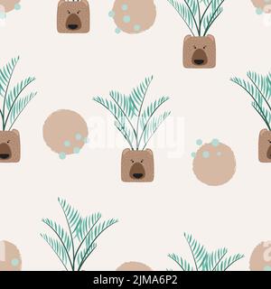 Cute plants in pots seamless pattern. Cartoon vector bear faces Stock Vector