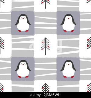 Merry Christmas seamless pattern with cute penguins and Christmas trees. Stock Vector