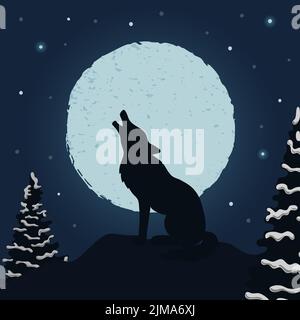 Wolf and moon. Halloween night vector illustration. Stock Vector