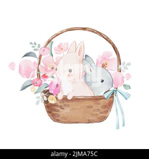 Watercolor illustration of a two rabbits white and grey in a basket full of pink and rose flowers. Stock Photo