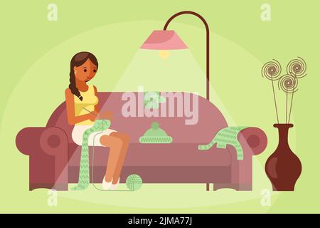 Woman knitting scarf while sitting on sofa with knitted winter clothes hat, mitten, sweater laid on it. Vector illustration in flat style. Craft hobby Stock Vector