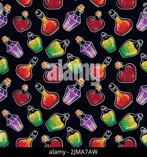Hand drawn vector seamless pattern of glass bottles with colorful magic potion, witchcraft Stock Vector