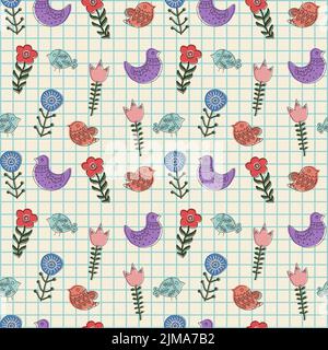 Colorful vector seamless pattern with ethnic hand drawn spring flowers and birds in a checkered notebook Stock Vector