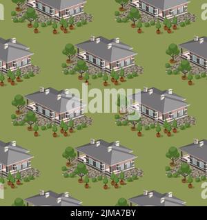 Vector seamless pattern of a private house. Isometric, aerial view Stock Vector