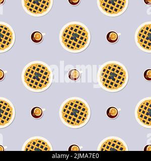 Blackberry vector hand drawn pie and a cup of citrus tea, top view seamless pattern Stock Vector