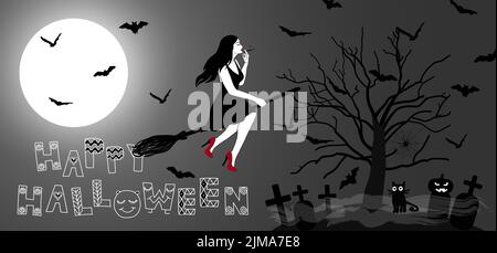 Witch flying on a broom with a spooky tree with bats, gravestones, spiderwebs, spiders and full moon. Happy Halloween vector illustration Stock Vector