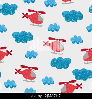 Seamless pattern with doodle helicopters and clouds for kids. Choppers vector illustration Stock Vector