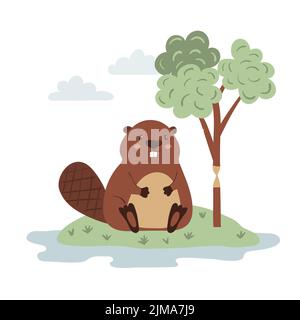 Cute cartoon beaver and tree. Vector illustration. Stock Vector