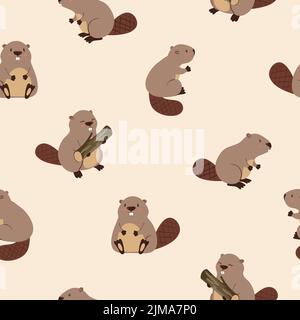 Cute beavers seamless pattern for kids. Vector illustration. Stock Vector