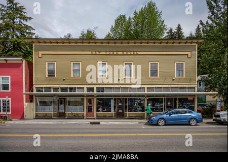 Ketchikan, Alaska - July 29, 2022: Views of the historic wooden buildings in the popular cruise destination of Ketchikan. Salmon Market. Stock Photo