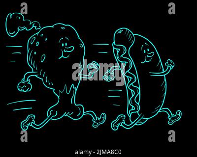 chicken leg or turkey leg or ham runs along with the hot dog. Sports lifestyle Stock Vector