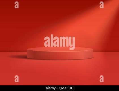 Red cylinder pedestal podium. Realistic vector rendering 3d shape. Studio room concept with podium and spotlight minimal wall scene Stock Vector