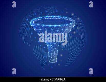Funnel 3d low poly symbol with blue world map background. Data filter concept design illustration. Big data polygonal symbol with connected dots Stock Vector