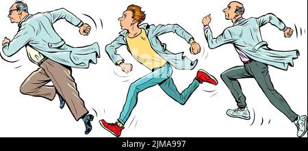 scientists run, scientific research. Doctors in white coats. Sports and health, anxiety and speed Stock Vector