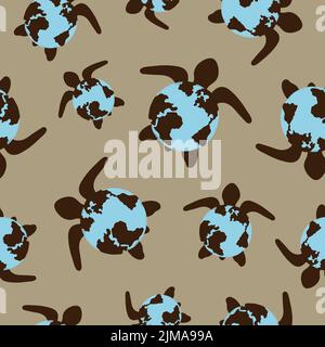 Seamless pattern with cute turtles with earth shells. Vector abstract background. Stock Vector