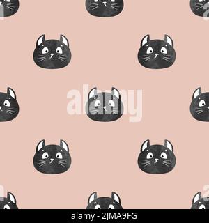 Seamless funny black cat pattern. Vector watercolor illustration with cats faces Stock Vector