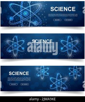 Set of three Atom horizontal banners. Horizontal illustration for homepage design, promo banner. Atomic neutron low poly symbols with connected dots Stock Vector