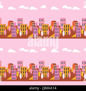 Vector pink seamless pattern of urban landscape with buildings and trees Stock Vector