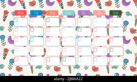 Vector ethnic cartoon hand drawn monthly planner, business and education concept Stock Vector