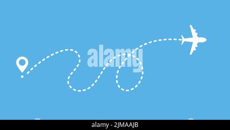 Airplane line path route travel vector icon with start point and dash line trace. Curved line with loop Stock Vector