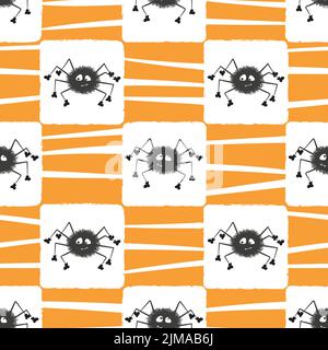 Cute spiders and webs pattern. Halloween seamless theme, vector illustration. Stock Vector