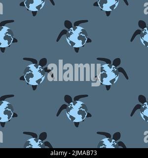 Cute turtles with earth shells seamless pattern. Vector sea background. Stock Vector