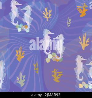 a pattern without a background of colorful seashells and seahorses Stock Vector