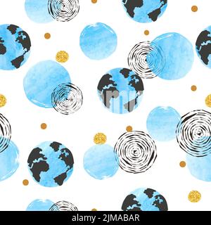 Abstract seamless pattern with blue circles as globes. Stock Vector