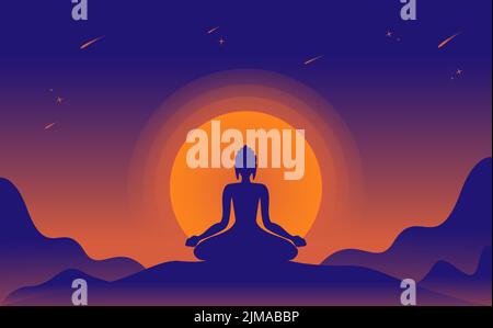 Vesak Buddha illustration, Vesak Day celebration with moon circle background and mountains, buddha statue, Dharmavinaya, Buddha Dharma, Siddharta Gaut Stock Vector