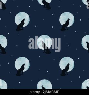 Seamless wolf and moon pattern. Halloween night vector illustration. Stock Vector