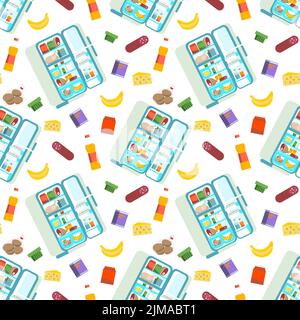 Vector seamless pattern of an open cartoon hand drawn vector fridge and food products Stock Vector