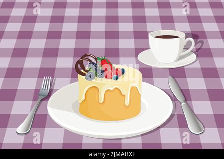 Vector illustration of hand drawn cupcake with coffee on the violet checkered tablecloth Stock Vector