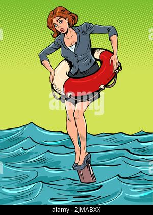 businesswoman with lifeline, insurance and risks, danger of bankruptcy, right decision Stock Vector