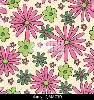 Colorful Large Scale Hand-Drawn Floral Vector Seamless Pattern. Retro 70s Style Stock Vector