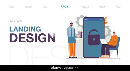 Tiny men using modern devices. Two male characters with laptop and tablet. Sitting, talking, unlocking smartphone. Modern technologies concept for ban Stock Vector