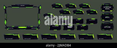 Game live video stream interface elements in futuristic style. Vector cartoon overlay panels and frames with green neon light. Online streaming banners and menu bars isolated on background Stock Vector