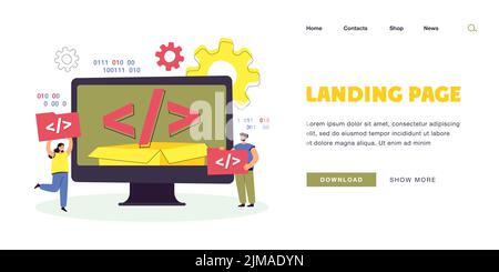 Tiny people using open source platform. Characters holding script elements, computer flat vector illustration. Software, programming, technology conce Stock Vector