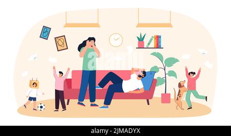 Tired mother and father with three happy children and dog. Big family with parents and kids flat vector illustration. Family, stress, parenting concep Stock Vector