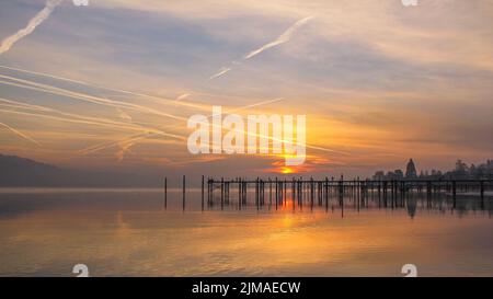 Sunrise over Bodman on a frosty winter morning - lake constance Stock Photo