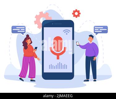 Tiny people near phone with voice assistant on screen. Man and woman using AI, speaking into speaker, recording voice messages on digital devices flat Stock Vector