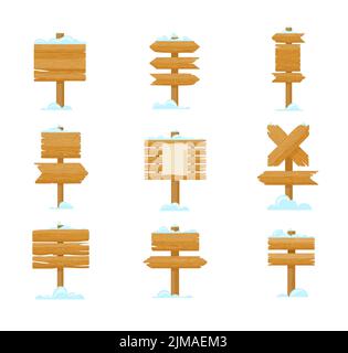 Wooden signboards with snow cartoon illustration set. Blank or empty road signs, banners, billboards or pointers of different shapes for advertising a Stock Vector