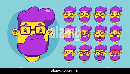 Bearded young man in eyeglasses contemporary cartoon set. Vector illustration of male thinking, flirting, laughing, smiling, surprised, angry, upset, crying emotions. Character for animation Stock Vector