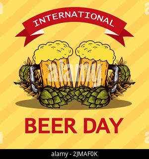 international beer day illustration with wheat, hops, and beer glasses Stock Vector