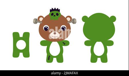 Cute die cut Halloween bear chocolate egg holder template. Cartoon animal character in a Frankenstein costume. Retail paper box for the easter egg. Pr Stock Vector