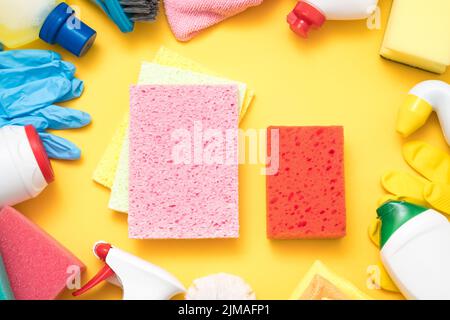 kitchen cleaning set background sponge chemical Stock Photo