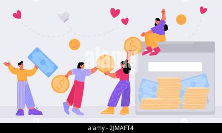 Crowdfunding, donation concept. Tiny people collect coins to huge box. Investor characters collecting money for startup business idea, charity, fundraising, deposit. Line art flat vector illustration Stock Vector