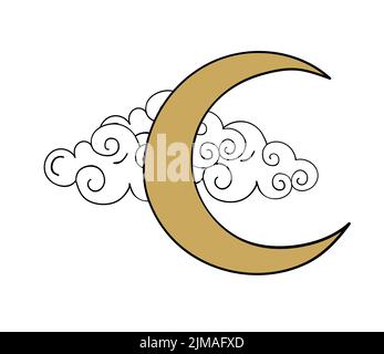 Golden crescent moon with cloud linear icon. Stock Vector